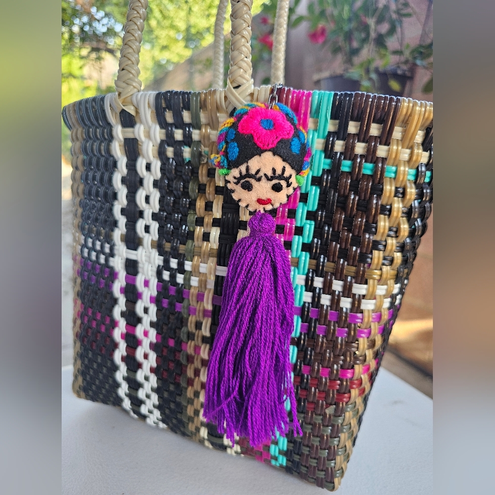 Multicolor Woven Tote Bag with Purple Tassel